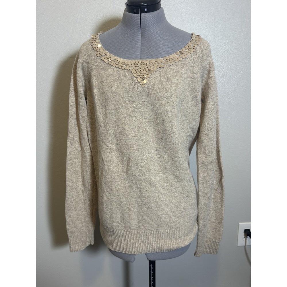 J. Crew Womens Sequined Beige Sweater Lambs Wool Casual Elevated Nurtral Large